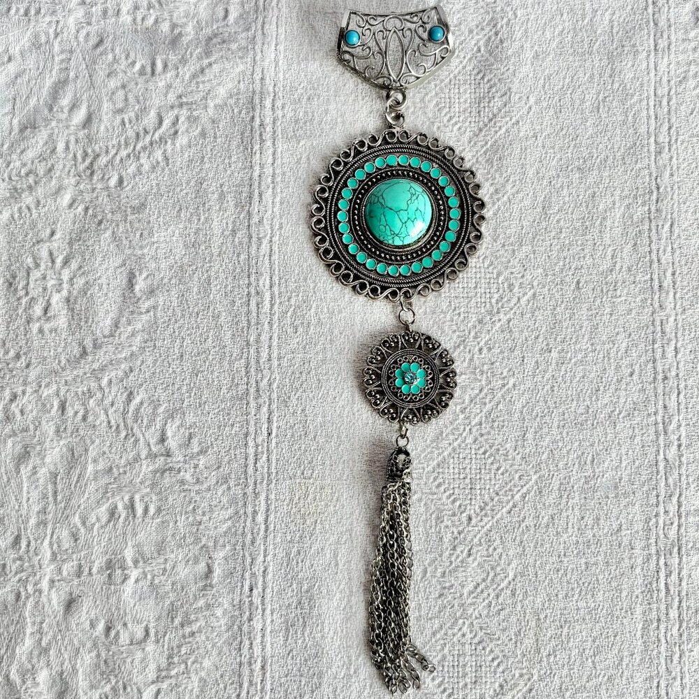 Long Faux Turquoise Beads & Tassel Pendant